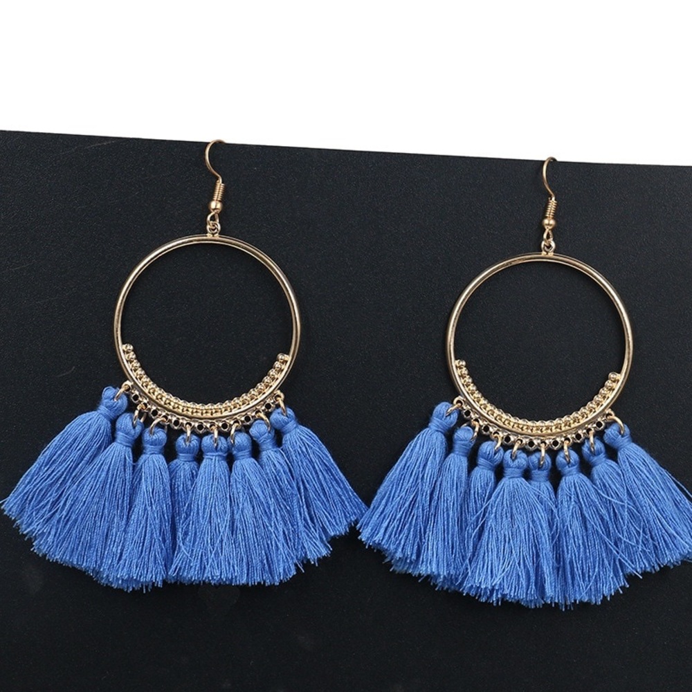 🆕 Gold Hoop Tassel Earrings • Pale Blue